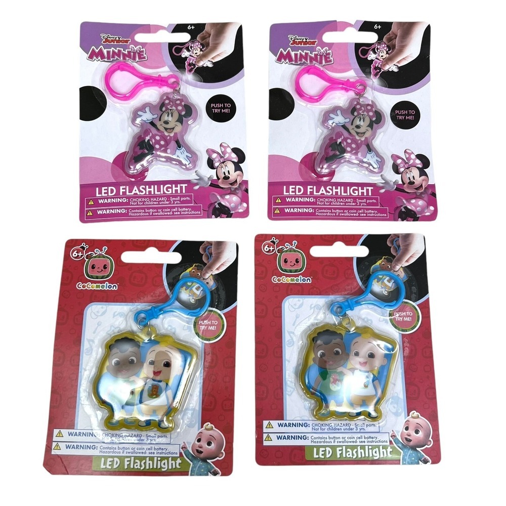 Disney Minnie Mouse and Cocomelon Bright Led Flashlight Clip On Ages 6+ Set of 4